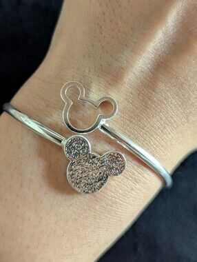 Silver Mickey Mouse-Style Open Cuff Bracelet Bangle Adjustable Jewelry